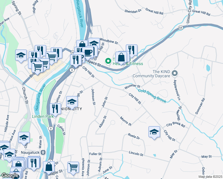 map of restaurants, bars, coffee shops, grocery stores, and more near 157 City Hill Street in Naugatuck