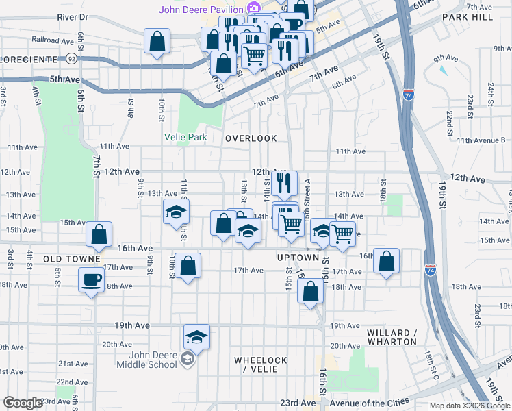 map of restaurants, bars, coffee shops, grocery stores, and more near 1330 13th Street in Moline