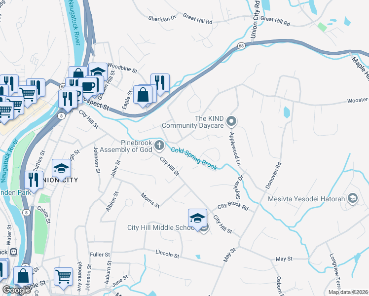 map of restaurants, bars, coffee shops, grocery stores, and more near 73 Wooster Street in Naugatuck