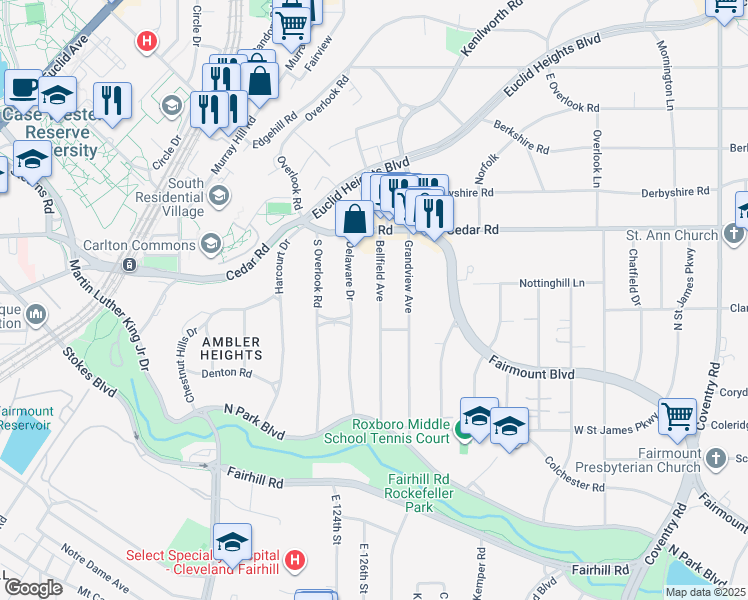 map of restaurants, bars, coffee shops, grocery stores, and more near 2221 Delaware Drive in Cleveland Heights