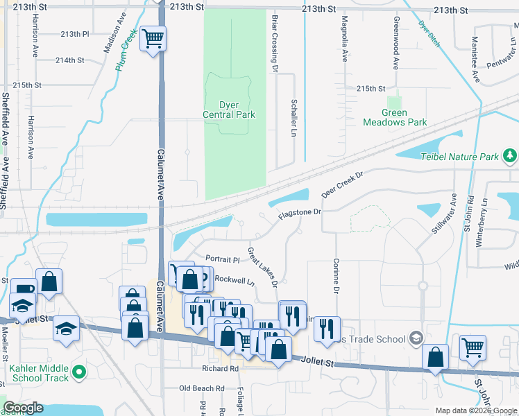 map of restaurants, bars, coffee shops, grocery stores, and more near 1749 Springtime Court in Dyer