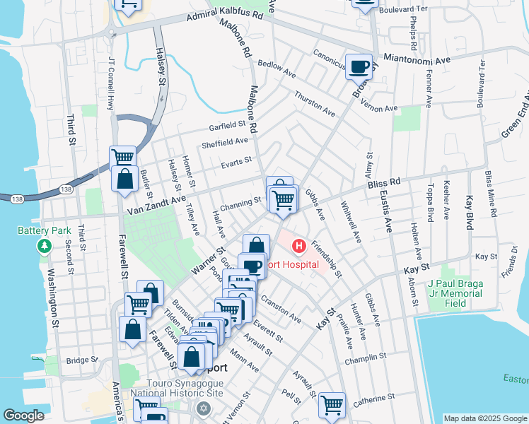 map of restaurants, bars, coffee shops, grocery stores, and more near 108 Warner Street in Newport