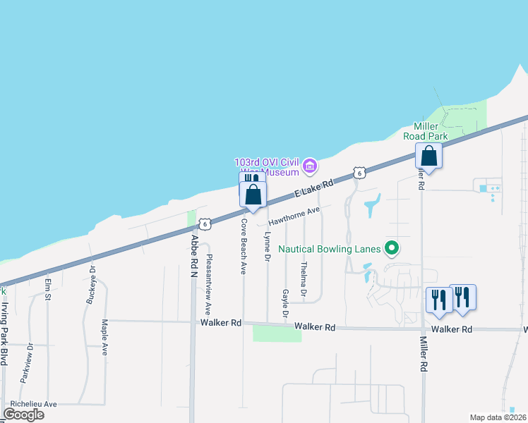 map of restaurants, bars, coffee shops, grocery stores, and more near 5436 Lake Road in Sheffield Lake