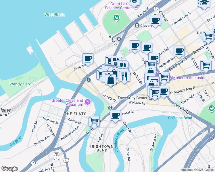 map of restaurants, bars, coffee shops, grocery stores, and more near 1300 West 9th Street in Cleveland