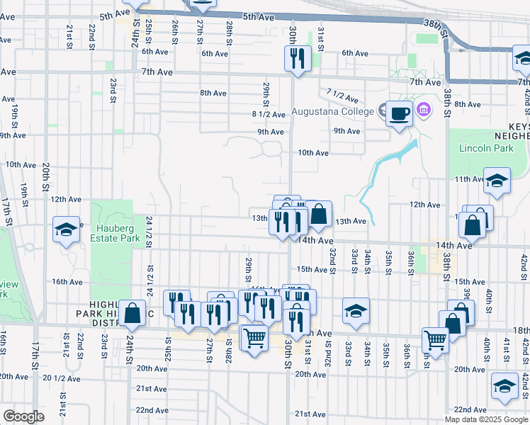 map of restaurants, bars, coffee shops, grocery stores, and more near 2939 13th Avenue in Rock Island