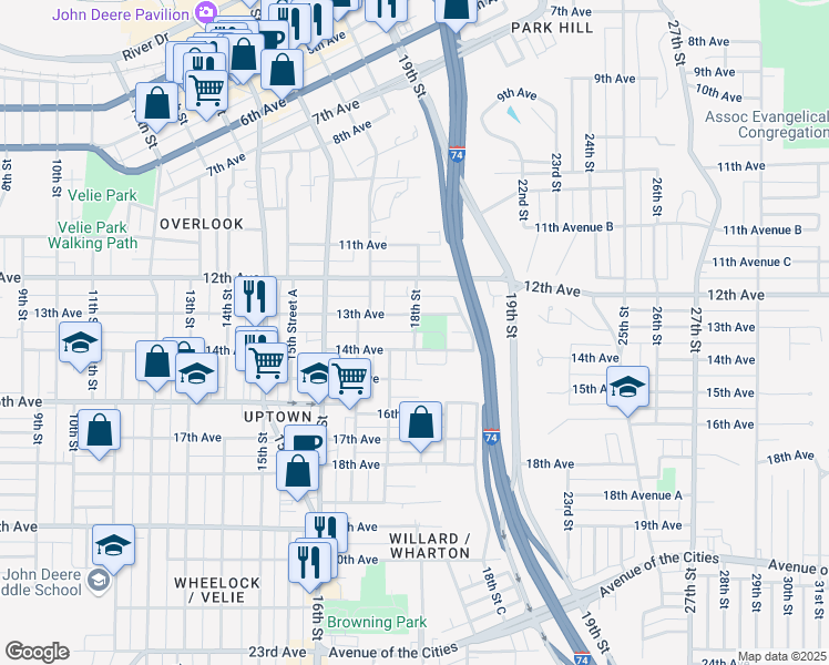 map of restaurants, bars, coffee shops, grocery stores, and more near 1301 18th Street in Moline