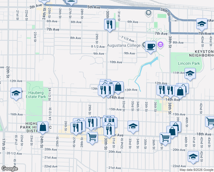 map of restaurants, bars, coffee shops, grocery stores, and more near 3075 12th Avenue in Rock Island