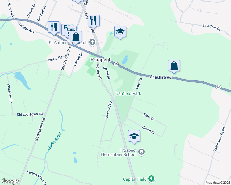 map of restaurants, bars, coffee shops, grocery stores, and more near 2 Center Street in Prospect