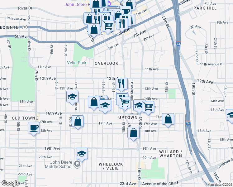 map of restaurants, bars, coffee shops, grocery stores, and more near 1311 15th Street in Moline