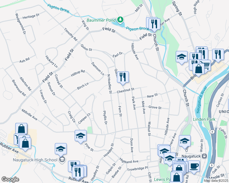 map of restaurants, bars, coffee shops, grocery stores, and more near 101 Chestnut Street in Naugatuck