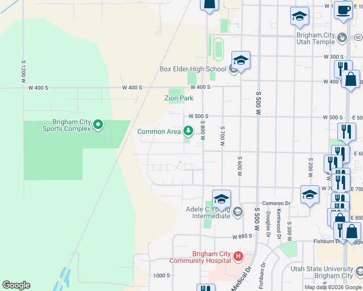 map of restaurants, bars, coffee shops, grocery stores, and more near 909 West 575 South in Brigham City