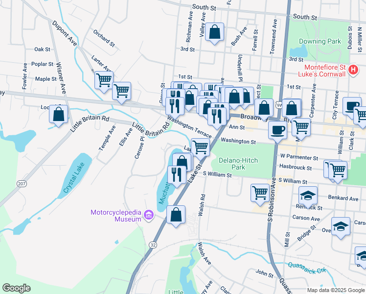 map of restaurants, bars, coffee shops, grocery stores, and more near 57 Lake Drive in Newburgh