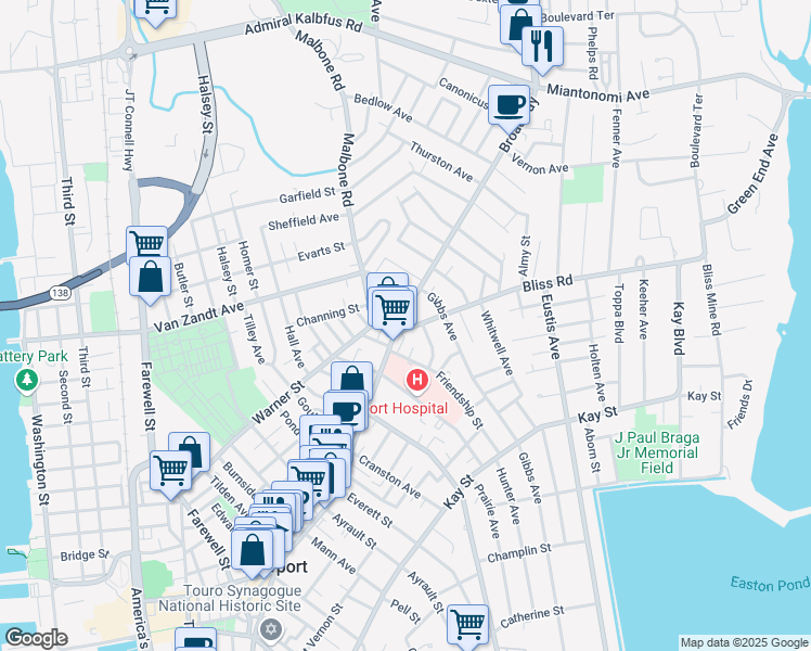 map of restaurants, bars, coffee shops, grocery stores, and more near 311 Broadway in Newport
