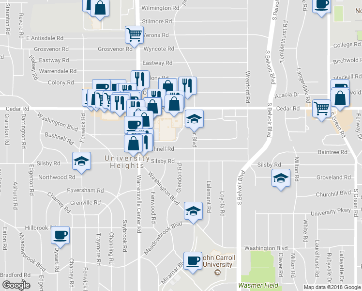map of restaurants, bars, coffee shops, grocery stores, and more near 4097 Bushnell Road in University Heights