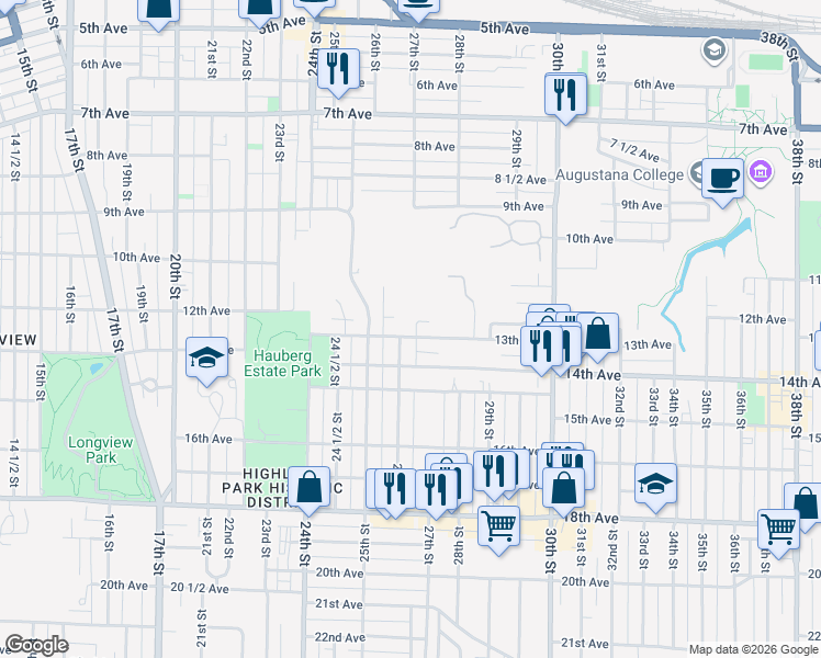 map of restaurants, bars, coffee shops, grocery stores, and more near 2625 27th Street in Rock Island