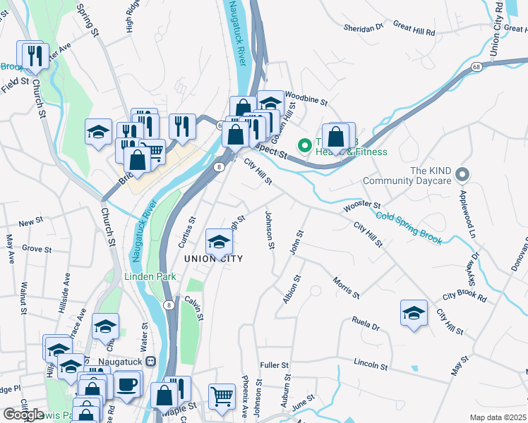 map of restaurants, bars, coffee shops, grocery stores, and more near 695 High Street in Naugatuck