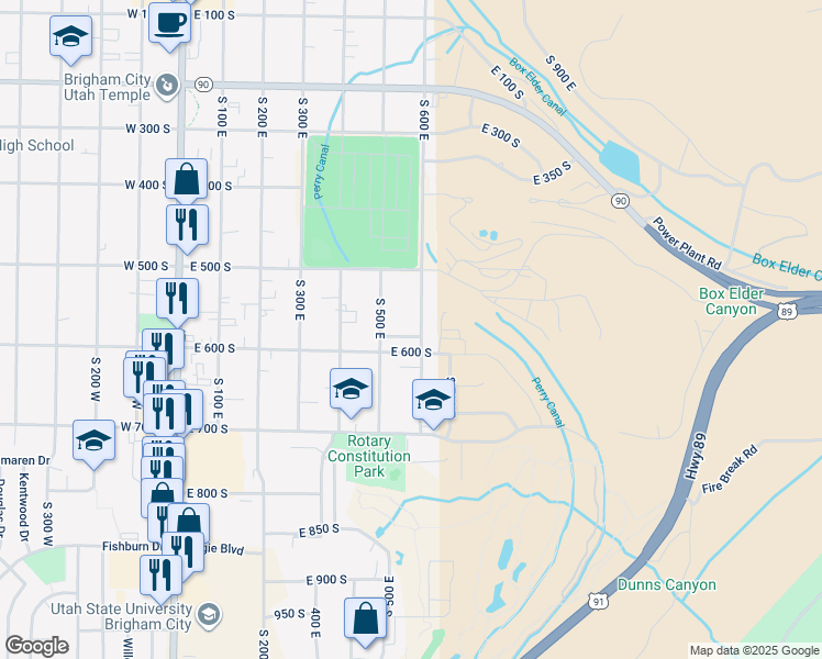 map of restaurants, bars, coffee shops, grocery stores, and more near 553 South 500 East in Brigham City