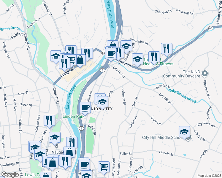 map of restaurants, bars, coffee shops, grocery stores, and more near 668 High Street in Naugatuck