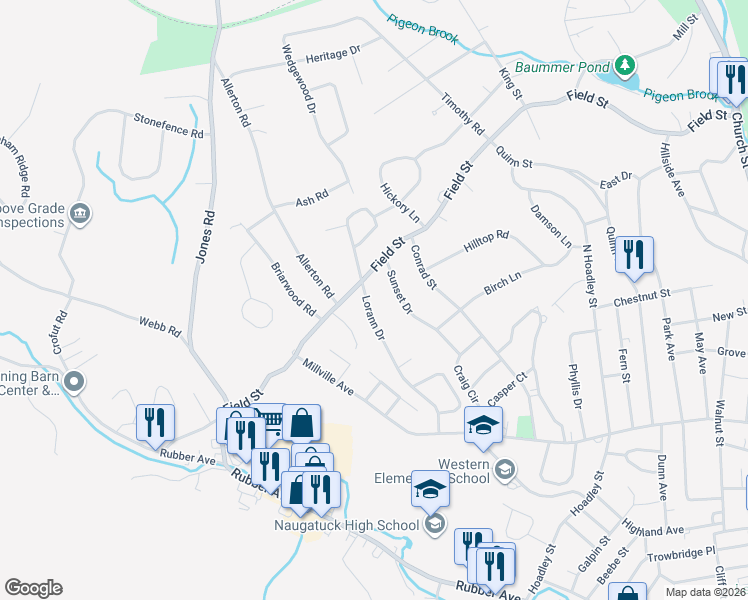 map of restaurants, bars, coffee shops, grocery stores, and more near 184 Lorann Drive in Naugatuck