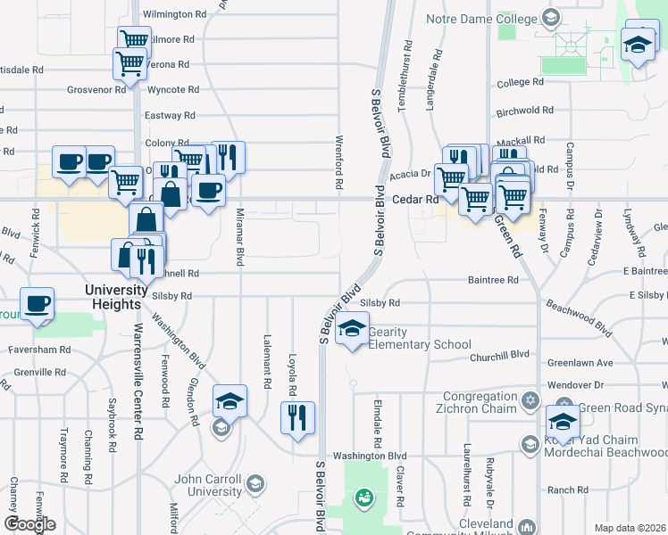 map of restaurants, bars, coffee shops, grocery stores, and more near 2231 Wrenford Road in University Heights
