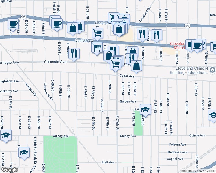 map of restaurants, bars, coffee shops, grocery stores, and more near 2187 East 78th Street in Cleveland