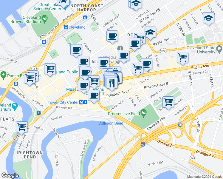 map of restaurants, bars, coffee shops, grocery stores, and more near 2051 East 4th Street in Cleveland