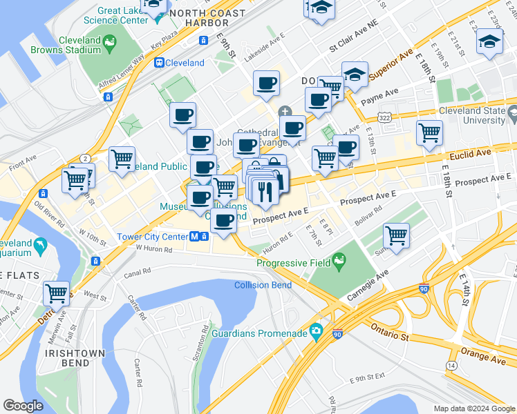 map of restaurants, bars, coffee shops, grocery stores, and more near 2051 East 4th Street in Cleveland