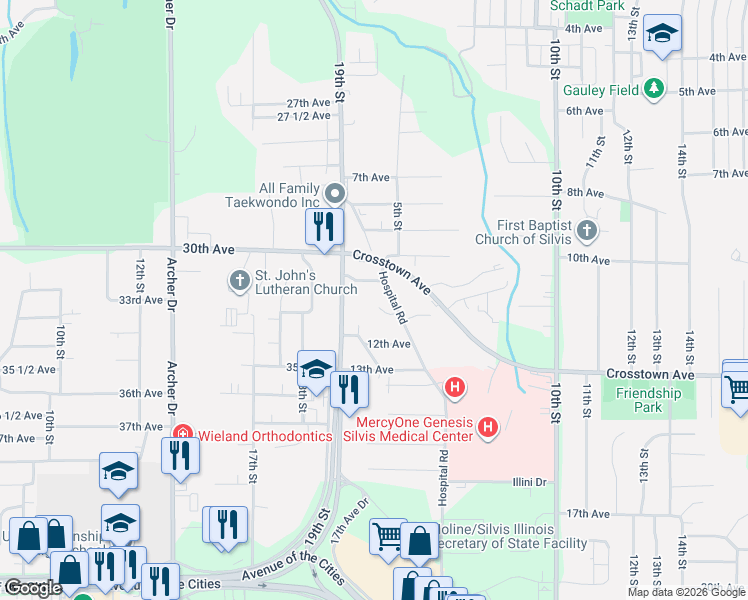 map of restaurants, bars, coffee shops, grocery stores, and more near 1110 Hospital Road in Silvis
