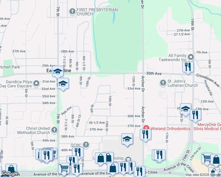 map of restaurants, bars, coffee shops, grocery stores, and more near 3304 10th Street in East Moline