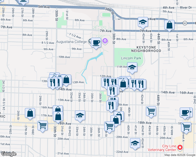 map of restaurants, bars, coffee shops, grocery stores, and more near 3512 12th Avenue in Rock Island