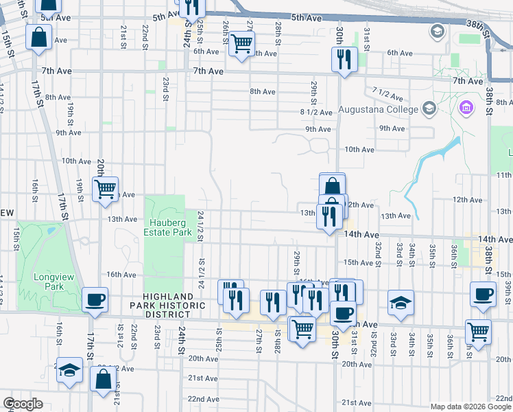 map of restaurants, bars, coffee shops, grocery stores, and more near 2625 27th Street in Rock Island