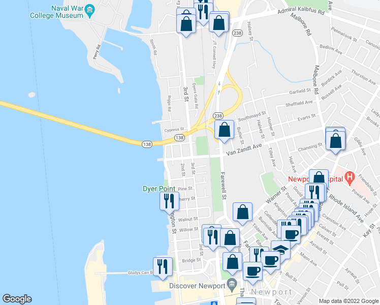 map of restaurants, bars, coffee shops, grocery stores, and more near 99 3rd Street in Newport
