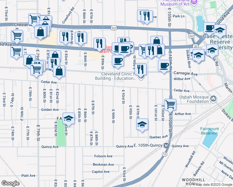 map of restaurants, bars, coffee shops, grocery stores, and more near 9000 Cedar Avenue in Cleveland