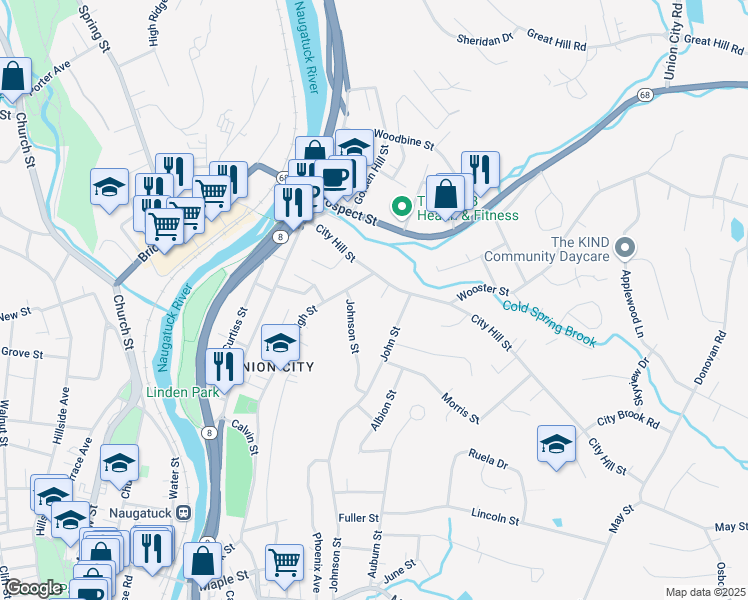 map of restaurants, bars, coffee shops, grocery stores, and more near 123 City Hill Street in Naugatuck