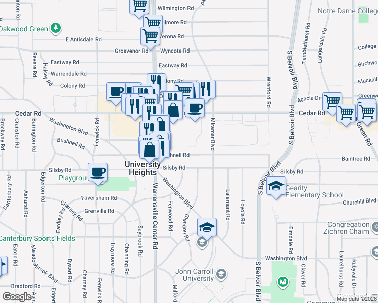 map of restaurants, bars, coffee shops, grocery stores, and more near 4053 Bushnell Road in University Heights