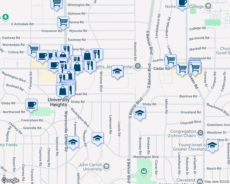 map of restaurants, bars, coffee shops, grocery stores, and more near 4181 Bushnell Road in University Heights