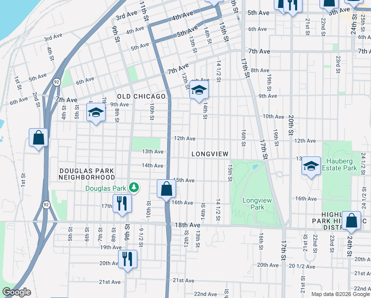 map of restaurants, bars, coffee shops, grocery stores, and more near 1215 12th Street in Rock Island