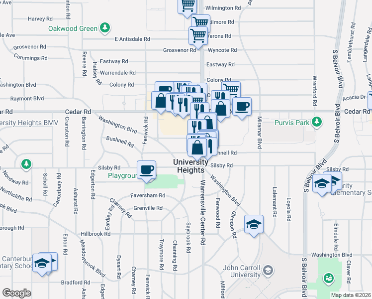 map of restaurants, bars, coffee shops, grocery stores, and more near 3953 Bushnell Road in University Heights