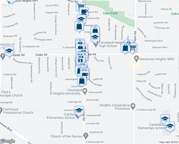 map of restaurants, bars, coffee shops, grocery stores, and more near 3224 Tullamore Road in Cleveland Heights