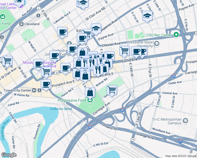 map of restaurants, bars, coffee shops, grocery stores, and more near 1012 Prospect Avenue East in Cleveland