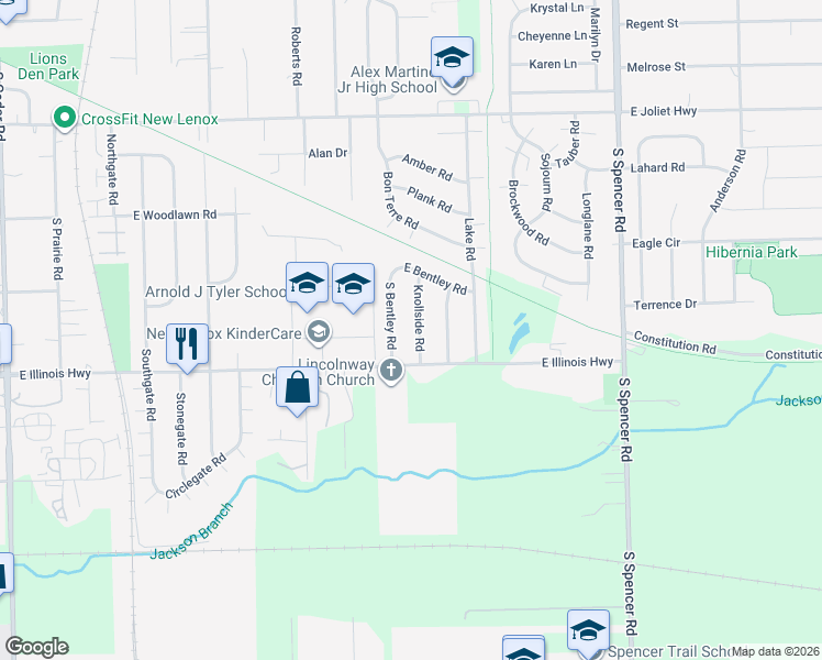 map of restaurants, bars, coffee shops, grocery stores, and more near 929 Knollside Road in New Lenox