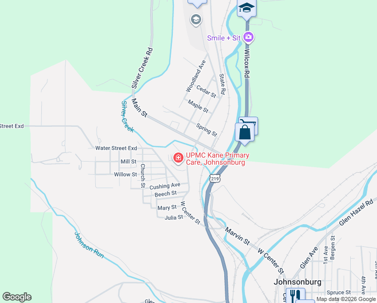 map of restaurants, bars, coffee shops, grocery stores, and more near 121 Clarion Road in Johnsonburg