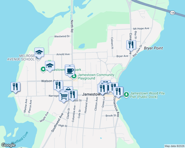 map of restaurants, bars, coffee shops, grocery stores, and more near 49 Grinnell Street in Jamestown
