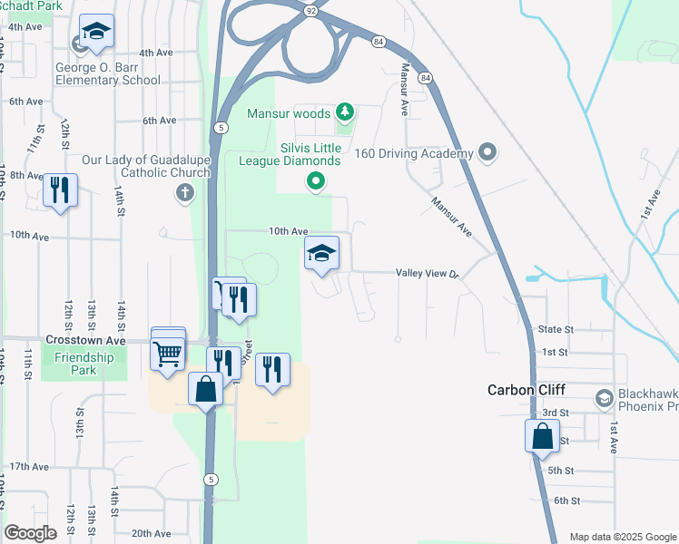 map of restaurants, bars, coffee shops, grocery stores, and more near Eagle Ridge Drive in Silvis