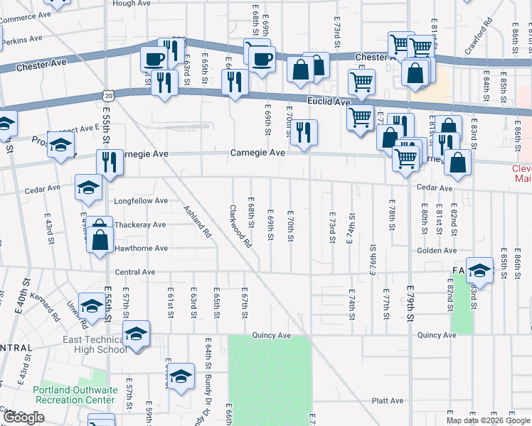 map of restaurants, bars, coffee shops, grocery stores, and more near 2202 East 69th Street in Cleveland