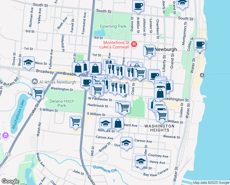map of restaurants, bars, coffee shops, grocery stores, and more near 226 Washington Street in Newburgh