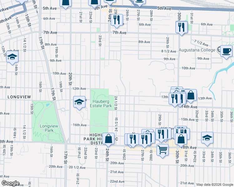 map of restaurants, bars, coffee shops, grocery stores, and more near 2419 13th Avenue in Rock Island