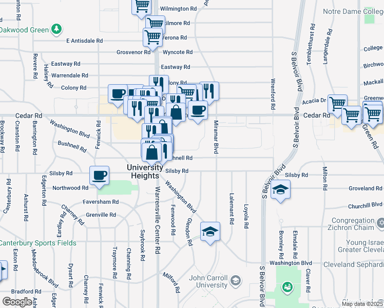 map of restaurants, bars, coffee shops, grocery stores, and more near 4053 Bushnell Road in University Heights