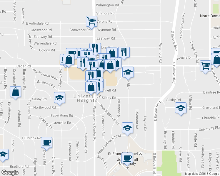 map of restaurants, bars, coffee shops, grocery stores, and more near 4053 Bushnell Rd in University Heights
