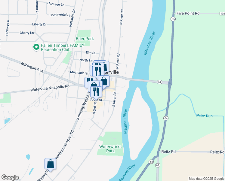 map of restaurants, bars, coffee shops, grocery stores, and more near 4 South River Road in Waterville